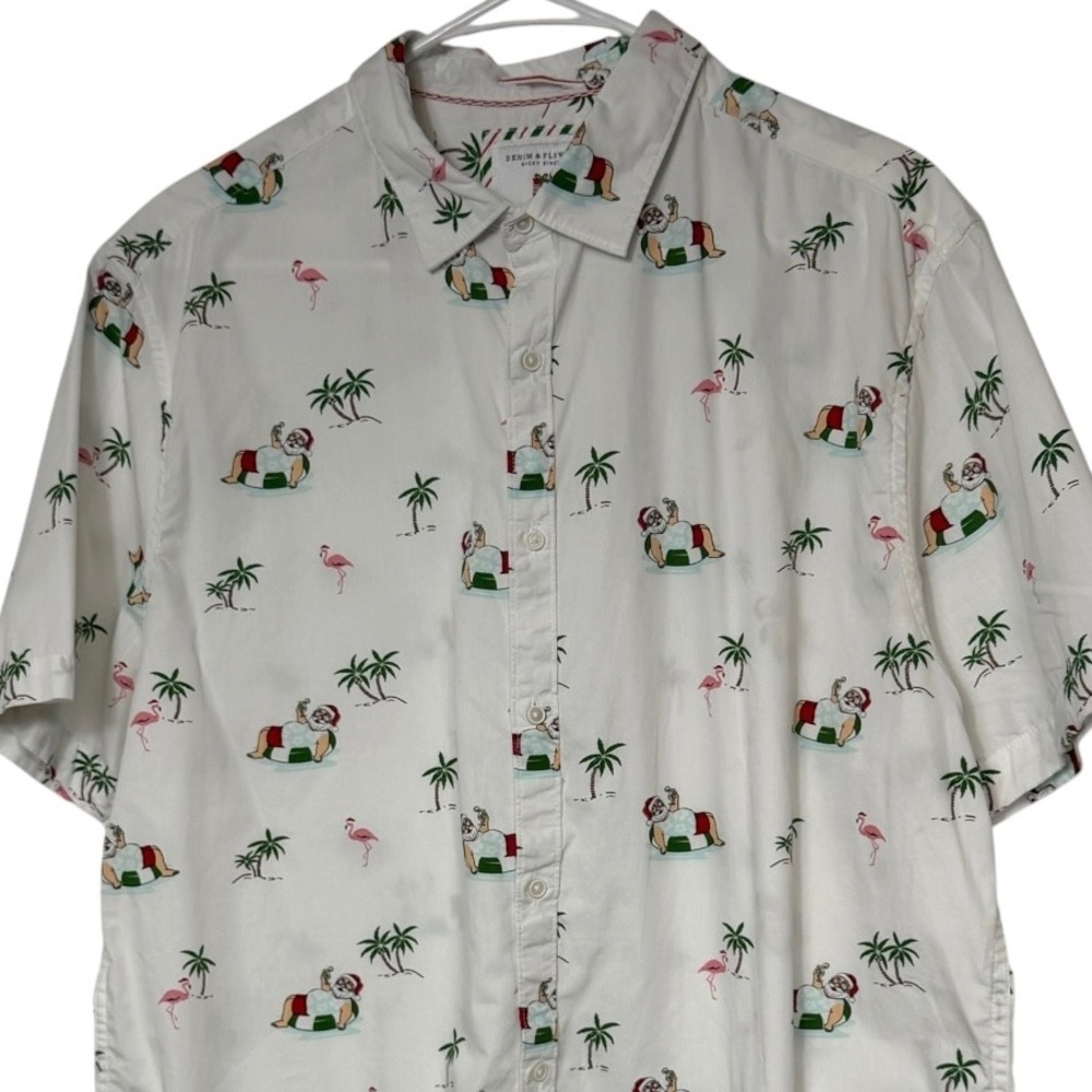 Denim & Flower Ricky Singh Mens XL Tropical Santa Flamingo Christmas Shirt White